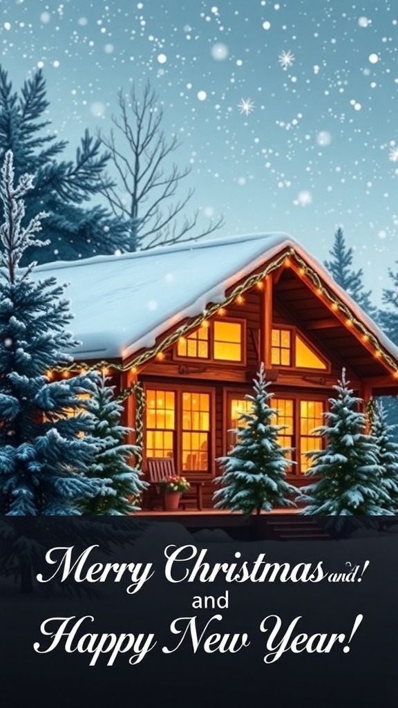 A festive Christmas card with a cozy cabin in a snowy landscape, adorned with lights and a 